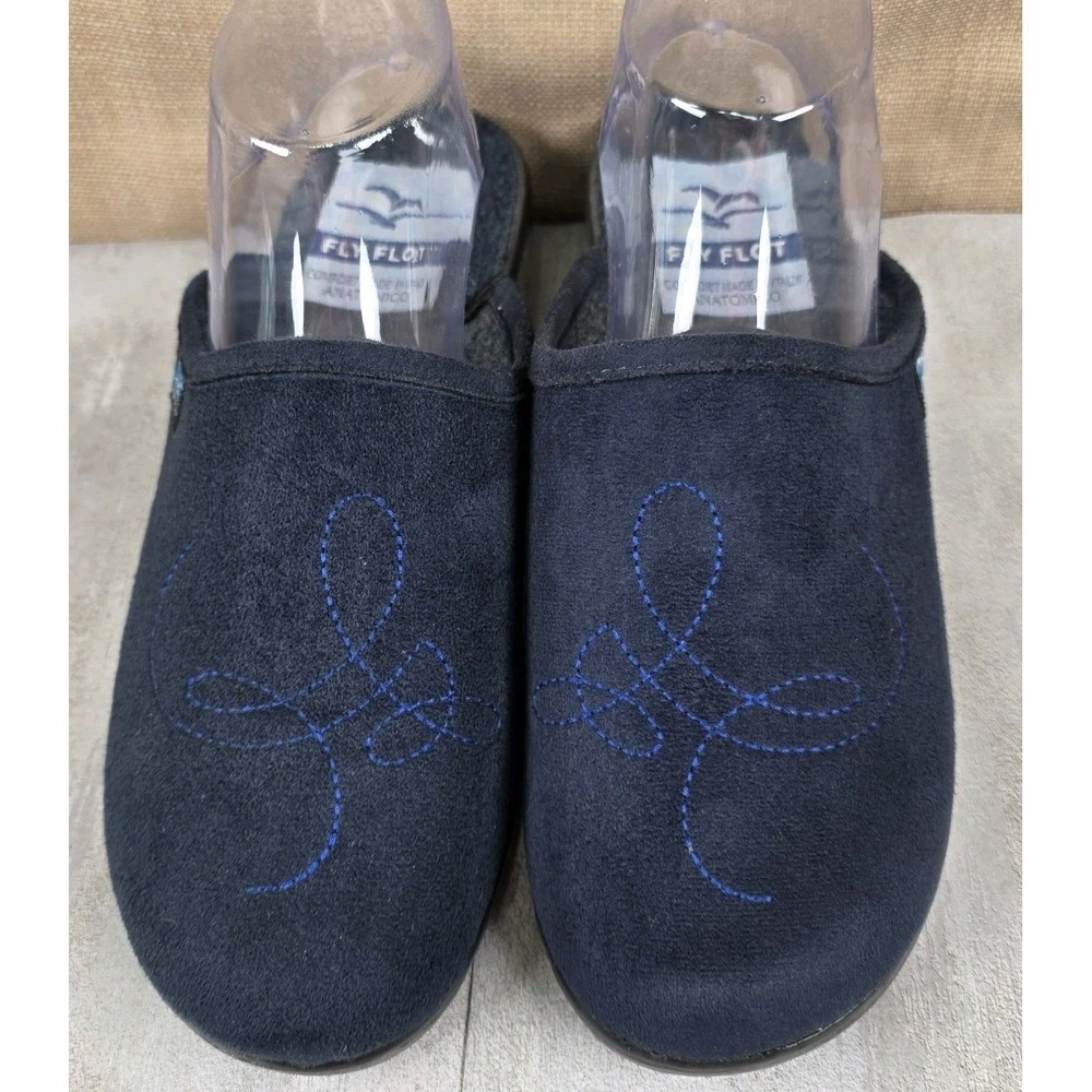 Fly Flot Italian Navy Blue Fabric Slip On Mules Slippers Women's Sz US 8.5 EU 39